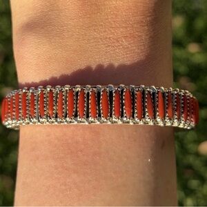Navajo Native Sterling Silver Red Coral Cluster Cuff Bracelet Signed